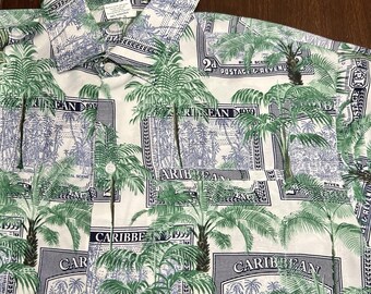 Vintage River Scene Mens Caribbean Stamp Print Button Up Shirt XL Tropical *READ