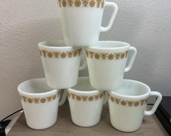 6 Vintage Pyrex Golden Butterfly Milk Glass Coffee Cups #1410 D Handle READ