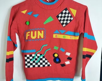 Swetry młodzieżowe w stylu vintage Jet Set, rozmiar L, 14, kolorowe, z grafiką, dzianina, USA, lata 80./90. *WADA