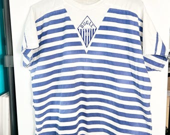Vintage Bugle Boy Mens Sz L Blue White Striped Cotton Shirt 1980s Retro RARE