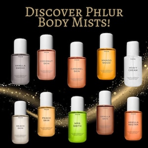 May include: An advertisement for Phlur body mists. The image displays nine small, rectangular bottles with white caps, each labeled with a different scent name. The background is black with gold sparkles, and the text "DISCOVER PHLUR BODY MISTS!" is at the top.