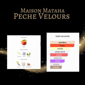 May include: A black background with the text "MAISON MATAHA PECHE VELOURS" in gold. Two white boxes display fragrance notes: top notes with a peach, middle notes with flowers, and base notes with vanilla, musk, and sandalwood. The other box lists main accords.