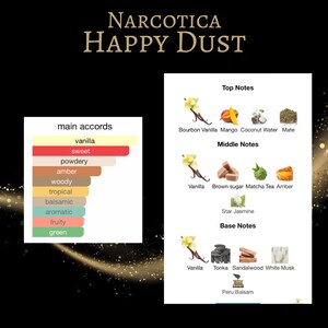 May include: A graphic showing the main accords and notes of the fragrance "Narcotica Happy Dust". The main accords are vanilla, sweet, powdery, amber, woody, tropical, balsamic, aromatic, fruity, and green. The top notes are Bourbon Vanilla, Mango, Coconut Water, and Mate. The middle notes are Vanilla, Brown Sugar, Matcha Tea, and Amber. The base notes are Vanilla, Tonka, Sandalwood, White Musk, and Peru Balsam.