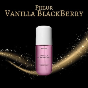 May include: A pink Phlur Vanilla Blackberry hair and body fragrance mist bottle with a white cap. The product name is displayed in gold lettering against a black background with gold glitter accents.