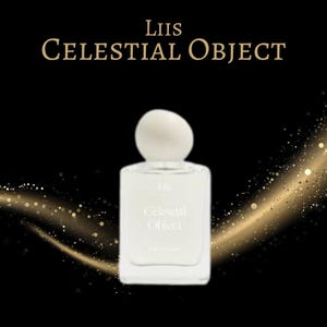 May include: A white perfume bottle with a rounded cap, labeled "Celestial Object" in gold lettering. The background is black with gold glitter accents and the brand name "Liis" at the top. The bottle has a rectangular shape.