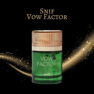 May include: A green glass perfume bottle with a gold cap. The bottle has the words "Vow Factor" and "snif" printed on it. The background is black with gold sparkles.