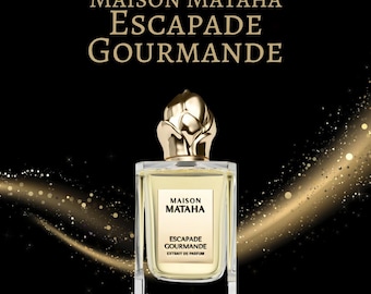May include: A perfume bottle with a gold-colored floral cap and a rectangular glass body. The label reads "MAISON MATAHA ESCAPADE GOURMANDE". The background is black with gold glitter accents.