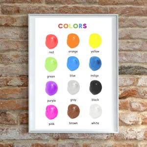 Póster de colores imprimible / Tabla de aprendizaje preescolar / Arte mural para niños pequeños / Decoración Montessori para el hogar / Láminas para guardería
