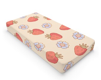 Whimsy Woods | Cute Strawberry Baby Changing Pad Cover | Nursery Essentials, Baby Shower Gift, Floral Design, Gender Neutral, Soft Cotton