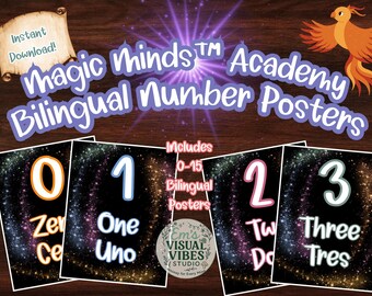Magic Minds™ Bilingual Number Posters 0–15 | Classroom Decor | English & Spanish | Whimsical Counting Wall Posters