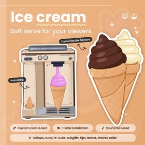 Op de afbeelding: Illustratie van een ijsmachine die roze softijs in een hoorntje doseert. Twee ijshoorntjes, één chocolade en één vanille, staan rechts. Tekst bevat "Ice cream", "Soft serve for your viewers" en "Customize the flavours".