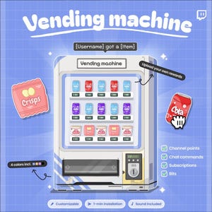 Puede incluir: Ilustración de una máquina expendedora con el texto "Vending machine". La máquina muestra varios snacks y bebidas, incluyendo patatas fritas, refrescos y fideos. Personalizable y con sonido.