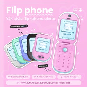 May include: Pink Y2K style flip phone with the text "Flip phone" and "Y2K style flip-phone alerts". The phone displays a message that says "Username just Followed!". The image also shows the phone in multiple colors.
