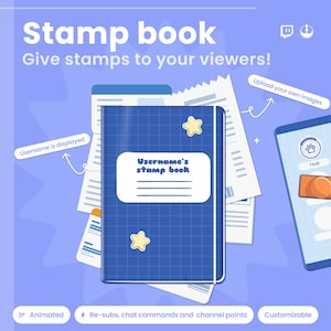 Könnte beinhalten: Ein blaues Stempelbuch mit dem Text "Username's stamp book" und zwei gelben Sternaufklebern. Das Bild enthält auch ein Smartphone, Quittungen und den Text "Give stamps to your viewers!" und "Upload your own images."