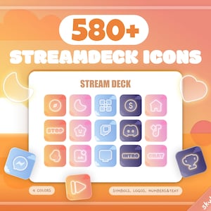 Może przedstawiać: Grafika cyfrowa z ponad 580 ikonami Stream Deck w różnych kolorach. Ikony są wyświetlane na białym tle z gradientem kolorów. Obraz zawiera tekst "Stream Deck Icons" oraz "Symbols, Logos, Numbers & Text".