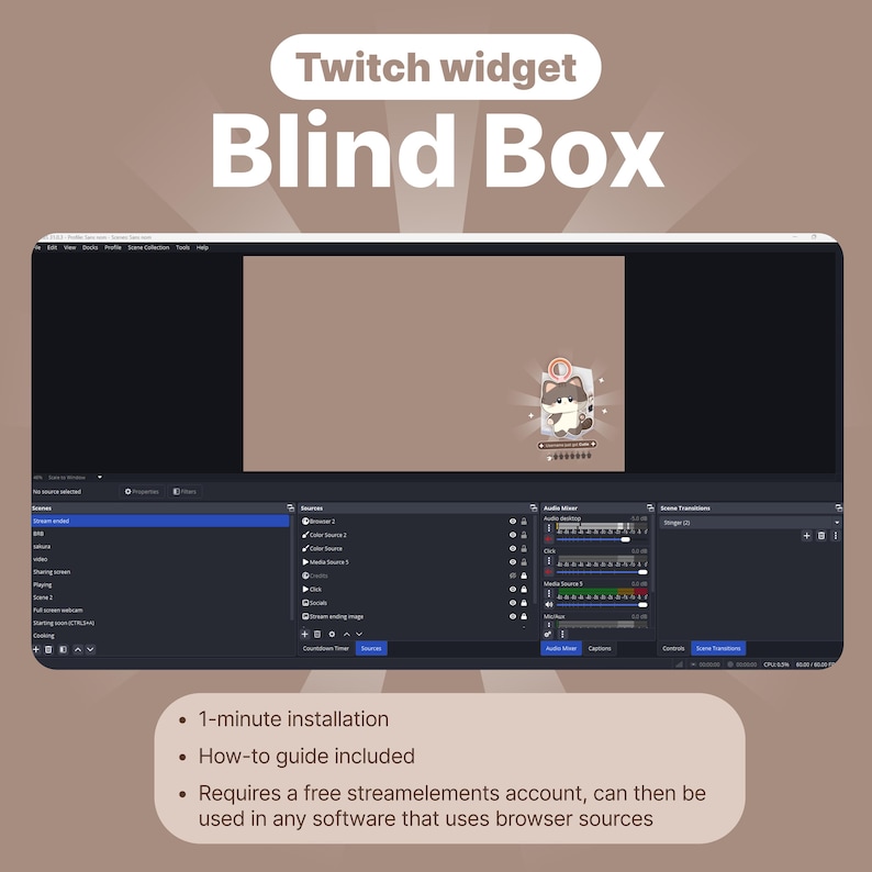 Twitch Cat Blind Box Widget – Twitch animated overlay | Channel Point & Command Triggered | Collectibles | OBS + StreamElements