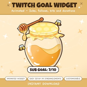 May include: Animated Twitch goal widget featuring a honey pot design with bees and a honey dipper. The text reads "TWITCH GOAL WIDGET" and "SUB GOAL: 7/10". Additional text includes "Animated - Subs, follows, bits and donations".