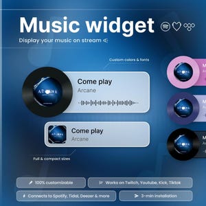 Puede incluir: Gráfico de un widget de música con el texto "Music widget" y "Display your music on stream". La imagen muestra ejemplos del widget con el texto "Come play" y "Arcane". El widget es 100% personalizable y funciona en Twitch, YouTube, Kick y TikTok.