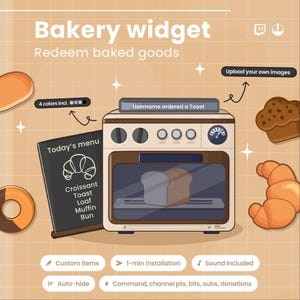 Puede incluir: Gráfico digital que promociona un "widget de panadería" con el texto "Redeem baked goods". La imagen presenta un horno de dibujos animados con pan dentro, una pizarra de menú que enumera productos horneados y varios pasteles. El texto incluye "Upload your own images."