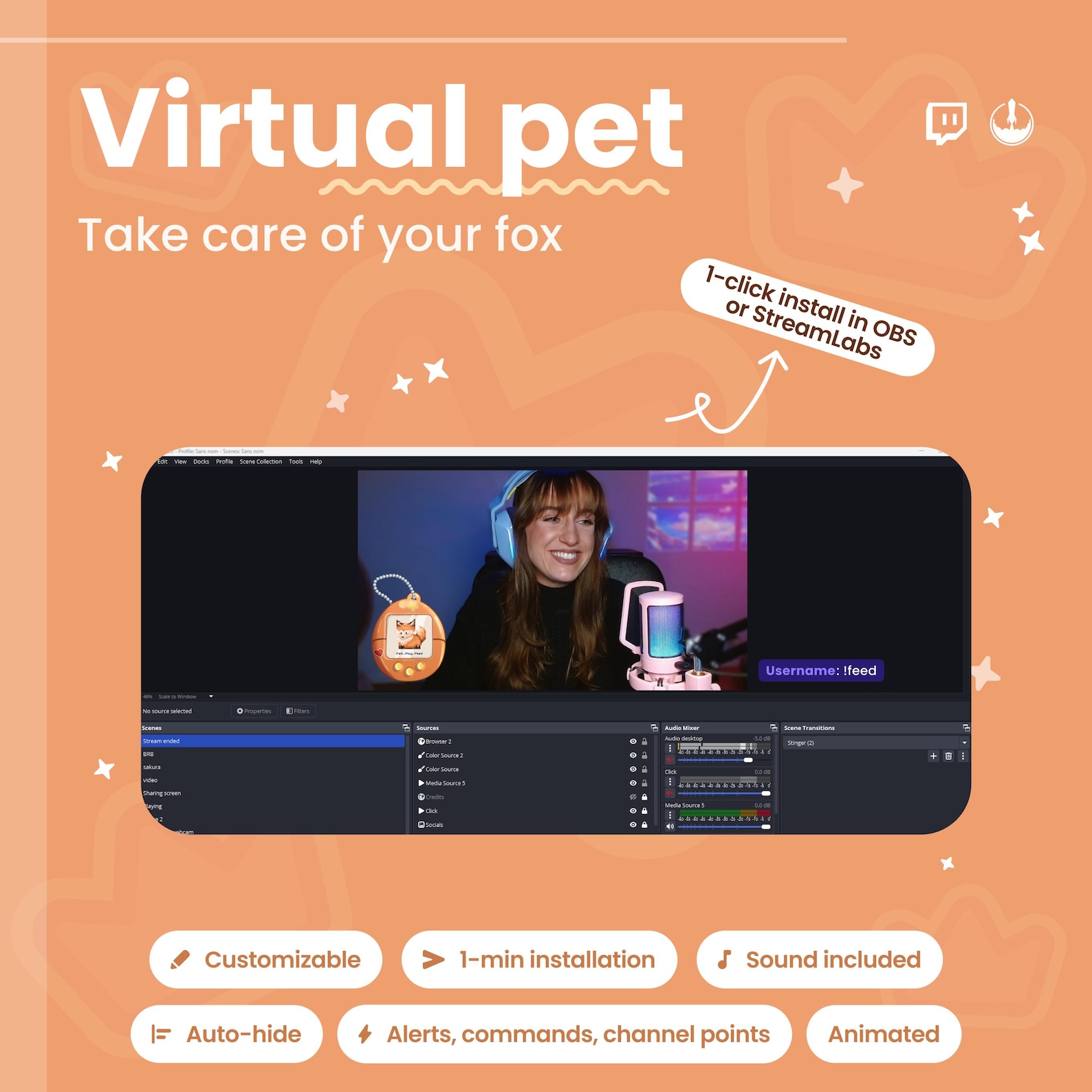 Widgit Fox Animated Pixel Art Twitch Fox Pet Widget: Twitch Stream Overlay - Etsy