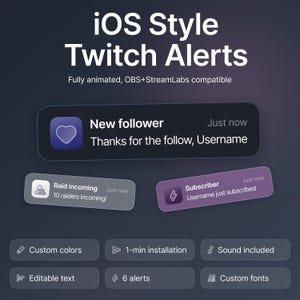 Alertas Twitch Estilo iOS – Sobreposição Animada Mínima para Twitch | Caixa de Alerta Moderna e Personalizável | Inscreva-se, Siga, Invada, Dê uma Gorjeta, Torça
