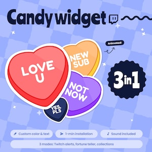 Könnte beinhalten: Candywidget-Grafik mit herzförmigen Süßigkeiten. Die Süßigkeiten tragen die Texte "LOVE U", "NEW SUB", "NOT NOW" und "YES, PLS". Ein schwarzer Kreis mit "3 in 1" ist ebenfalls vorhanden. Das Bild enthält Text zu benutzerdefinierten Farben, 1-Minuten-Installation und Ton.
