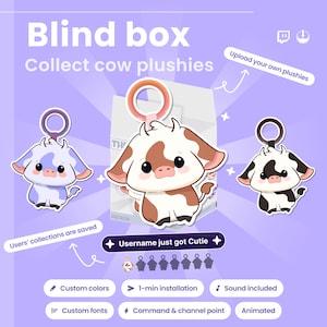 May include: An image promoting "Blind box" cow plushies. The image features three cartoon cow plushie keychains in different color schemes: blue, brown and white, and black and white. Text includes "Collect cow plushies" and "Username just got Cutie".