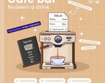 Animated Coffee Bar Twitch Widget – Customizable Drink Machine – Twitch Overlay - Channel Point, Command, Bits, Subs, Donations