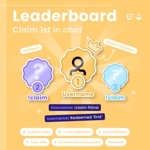 Leaderboard Twitch widget: Interactive Stream Overlay for first in chat (Digital Download)