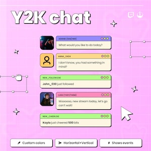 Könnte beinhalten: Eine digitale Grafik mit dem Text "Y2K chat" oben. Das Bild zeigt eine Reihe von Chat-Blasen mit Benutzernamen und Nachrichten, vor einem rosa Hintergrund. Zusätzliche Elemente sind Sterne, ein Handcursor und Schaltflächen.