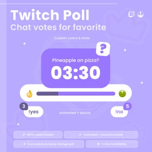 May include: A light purple graphic for a Twitch poll, asking "Pineapple on pizza?" with a timer showing 03:30. The poll has "!yes" and "!no" options, with vote counts. Features include custom colors, animated sound, and easy poll changes.