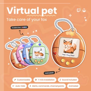 May include: An advertisement for a virtual pet device. The device, shaped like an egg, features a screen showing a pixelated fox. The image includes the text "Virtual pet" and "Take care of your fox." Available in four colours, it includes sound and animation.
