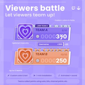 May include: A purple and orange graphic with the text "Viewers battle" and "Let viewers team up!". The graphic shows two teams, Team A and Team B, with scores and mascots. Features include custom colors, fonts, and animated sound.