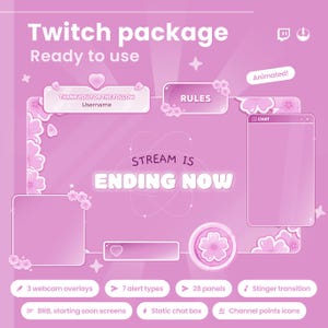 May include: A pink Twitch package design with the text "Twitch package Ready to use". The design includes webcam overlays, alert types, panels, and a stinger transition. The text "STREAM IS ENDING NOW" is also visible.