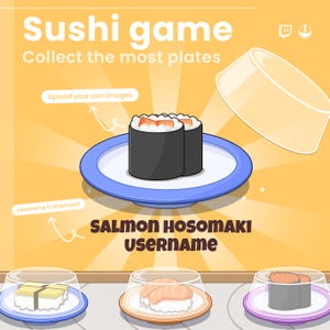 Pode incluir: Ilustração de desenho animado para um jogo de sushi, com rolos de hosomaki de salmão em um prato azul. O texto "Sushi game" e "Colete os pratos" são exibidos. Outros pratos de sushi são mostrados abaixo. O texto "Carregue suas próprias imagens" e "Nome de usuário é exibido" também estão presentes.