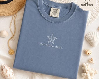 Maglietta Comfort Colors Star Of The Shore, maglietta da spiaggia minimalista, maglietta costiera, maglietta per le vacanze estive, maglietta divertente da spiaggia