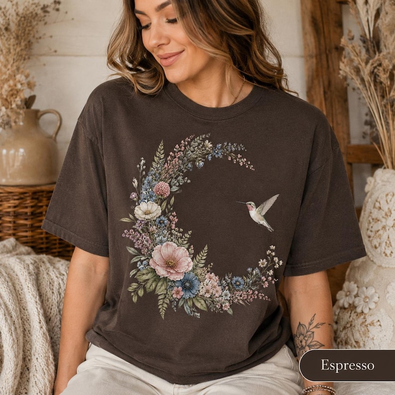 Comfort Colors Hummingbird Shirt, Floral Moon Cottagecore Tee, Botanical Bird T-Shirt, Nature Lover Gift image 3