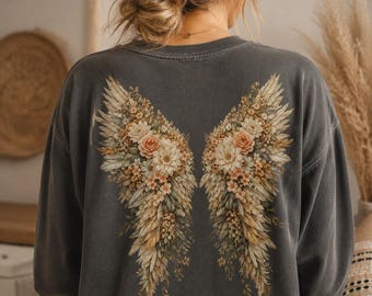 Comfort Colors Floral Angel Wings Long Sleeve Shirt, Botanical Cottagecore Back Print