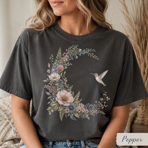 Comfort Colors Hummingbird Shirt, Floral Moon Cottagecore Tee, Botanical Bird T-Shirt, Nature Lover Gift image 2