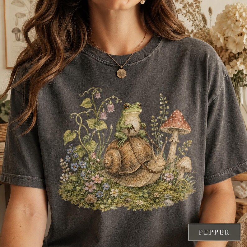 Frog Shirt Comfort Colors 1717, Cottagecore Frog Tee, Cute Snail Frog Shirt, Mushroom Nature Lover Gift, Fairycore Woodland Tee image 2