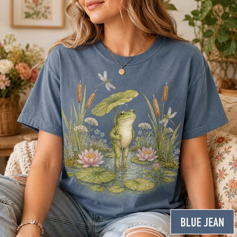 Frosch Shirt Comfort Farben 1717, Cottagecore Frosch T-Shirt, Süßes Seerosenblatt Frosch Shirt, Fairycore Natur Ästhetik T-Shirt, Teich Tier T-Shirt Bild 5