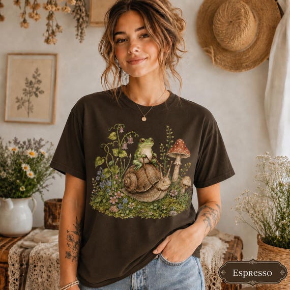 Frog Shirt Comfort Colors 1717, Cottagecore Frog Tee, Cute Snail Frog Shirt, Mushroom Nature Lover Gift, Fairycore Woodland Tee