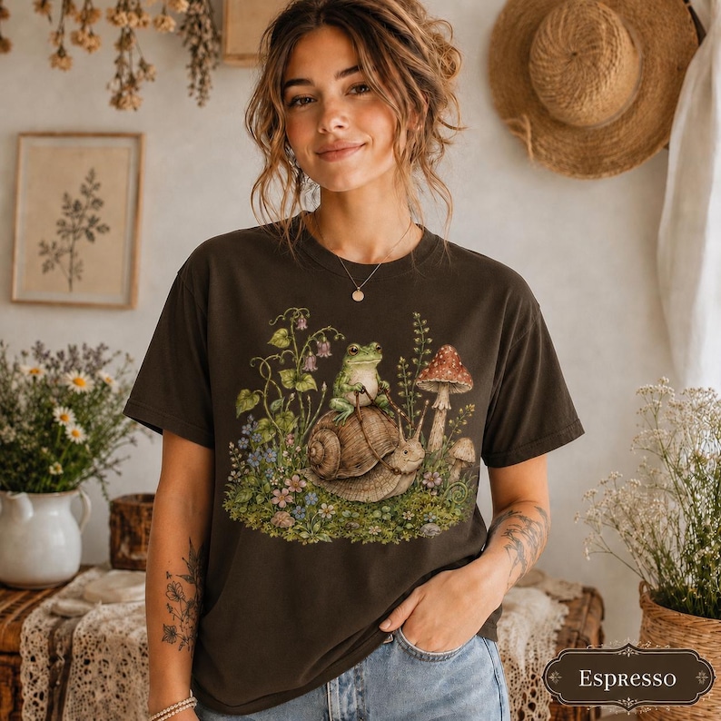Woman wearing a Comfort Colors cottagecore frog shirt featuring a cute frog riding a snail with mushrooms, wildflowers, greenery, and whimsical woodland nature details.