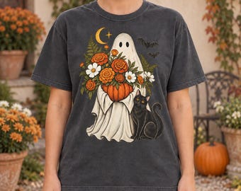 Floral Ghost Halloween Shirt: Comfort Colors Botanical Pumpkin and Black Cat