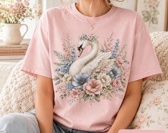 Maglietta Comfort Colors con cigno, maglietta con cigno floreale, t-shirt botanica in stile cottagecore, regalo per lei per gli amanti degli uccelli