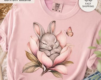 Sleeping Bunny Comfort Colors Shirt, Floral Magnolia Rabbit Tee, Cottagecore Nature Gift for Her