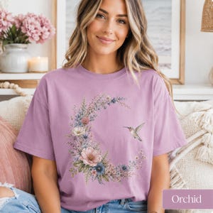 Comfort Colors Hummingbird Shirt, Floral Moon Cottagecore Tee, Botanical Bird T-Shirt, Nature Lover Gift image 8