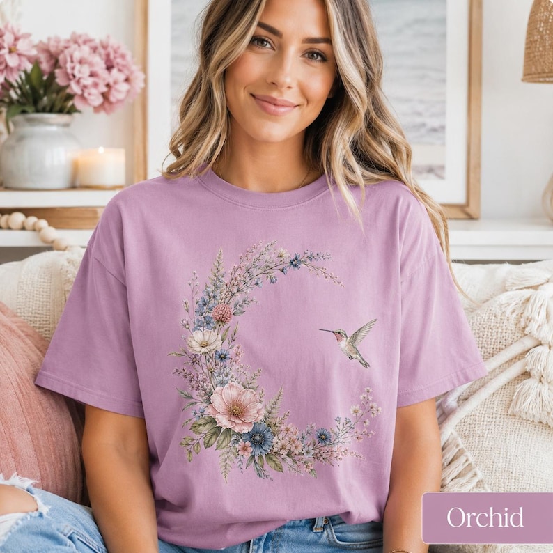 Comfort Colors Hummingbird Shirt, Floral Moon Cottagecore Tee, Botanical Bird T-Shirt, Nature Lover Gift image 8
