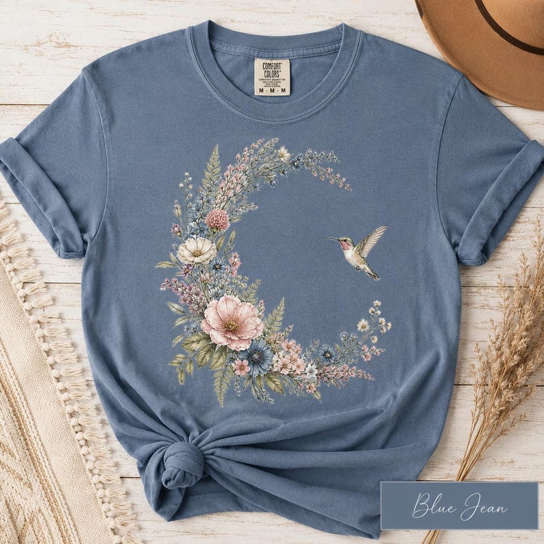 Comfort Colors Hummingbird Shirt, Floral Moon Cottagecore Tee, Botanical Bird T-Shirt, Nature Lover Gift image 5