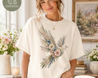 Comfort Colors Floral Dove Shirt, Wildflower Bird Shirt, Cottagecore Peace Dove Tee, Botanical Shirt, Gift for Her